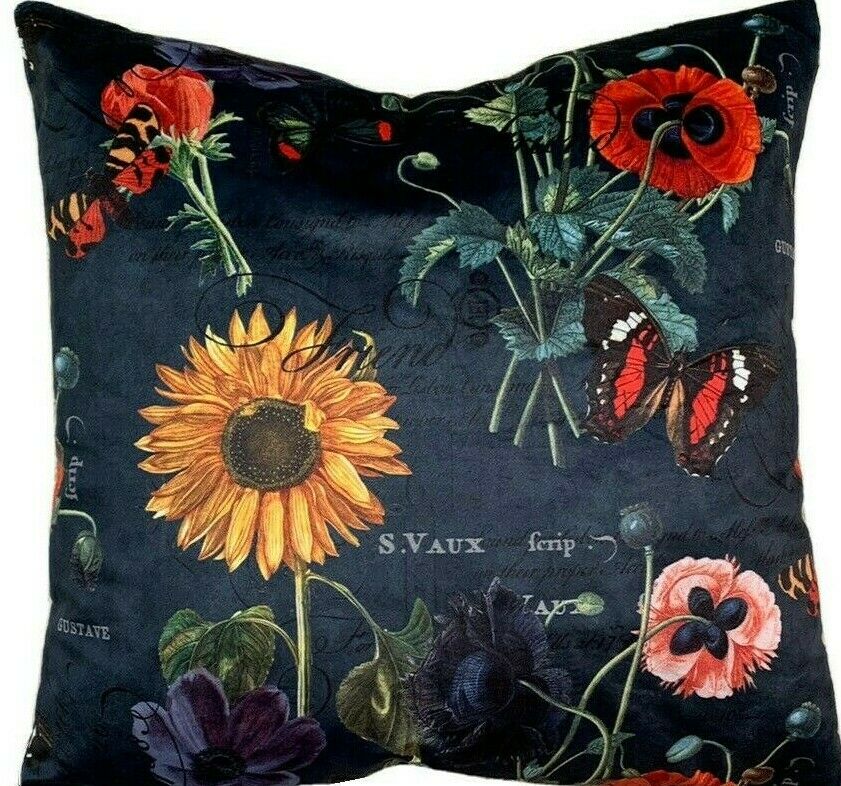 Poppy Field Cushion Cover Sunflowers Poppies Anemone Blue Velvet Printed 16" 24"