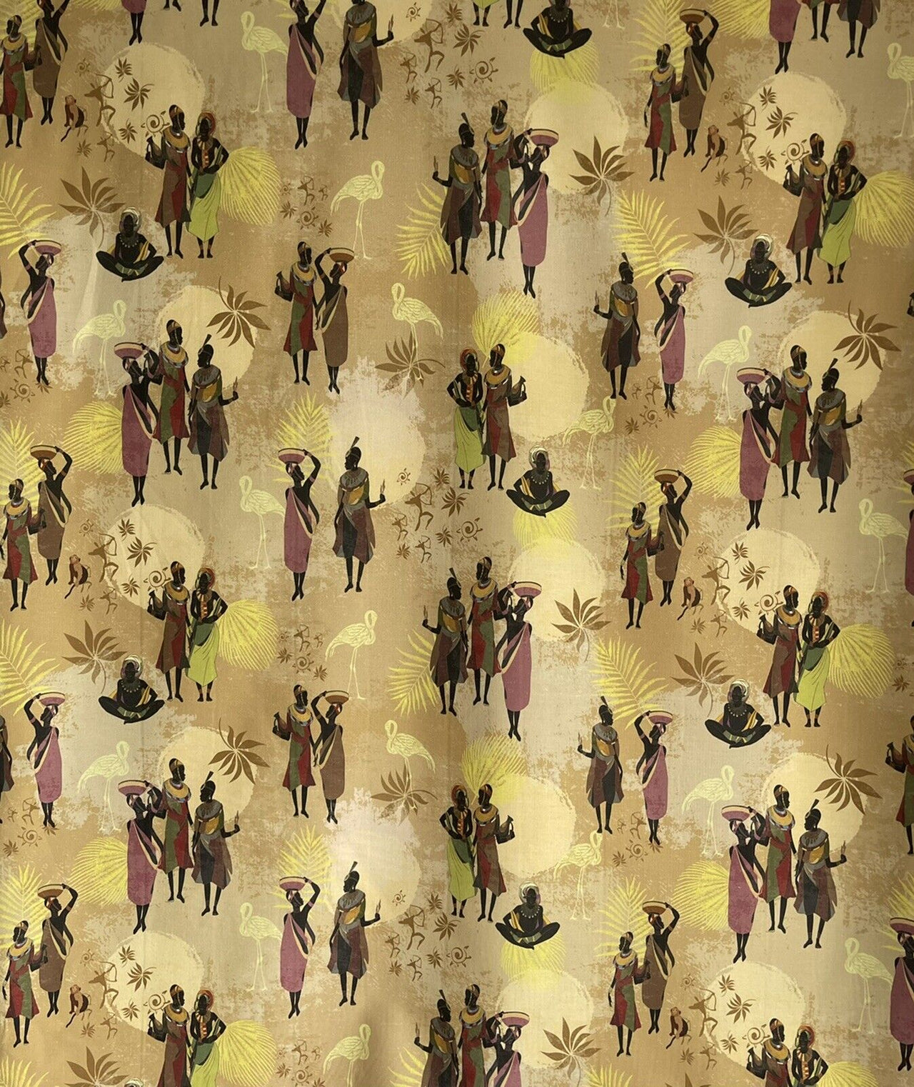 African Ladies Print Tribal Cotton Fabric Panel 140x100 Baobab Fruit Tree Leaves Yellow
