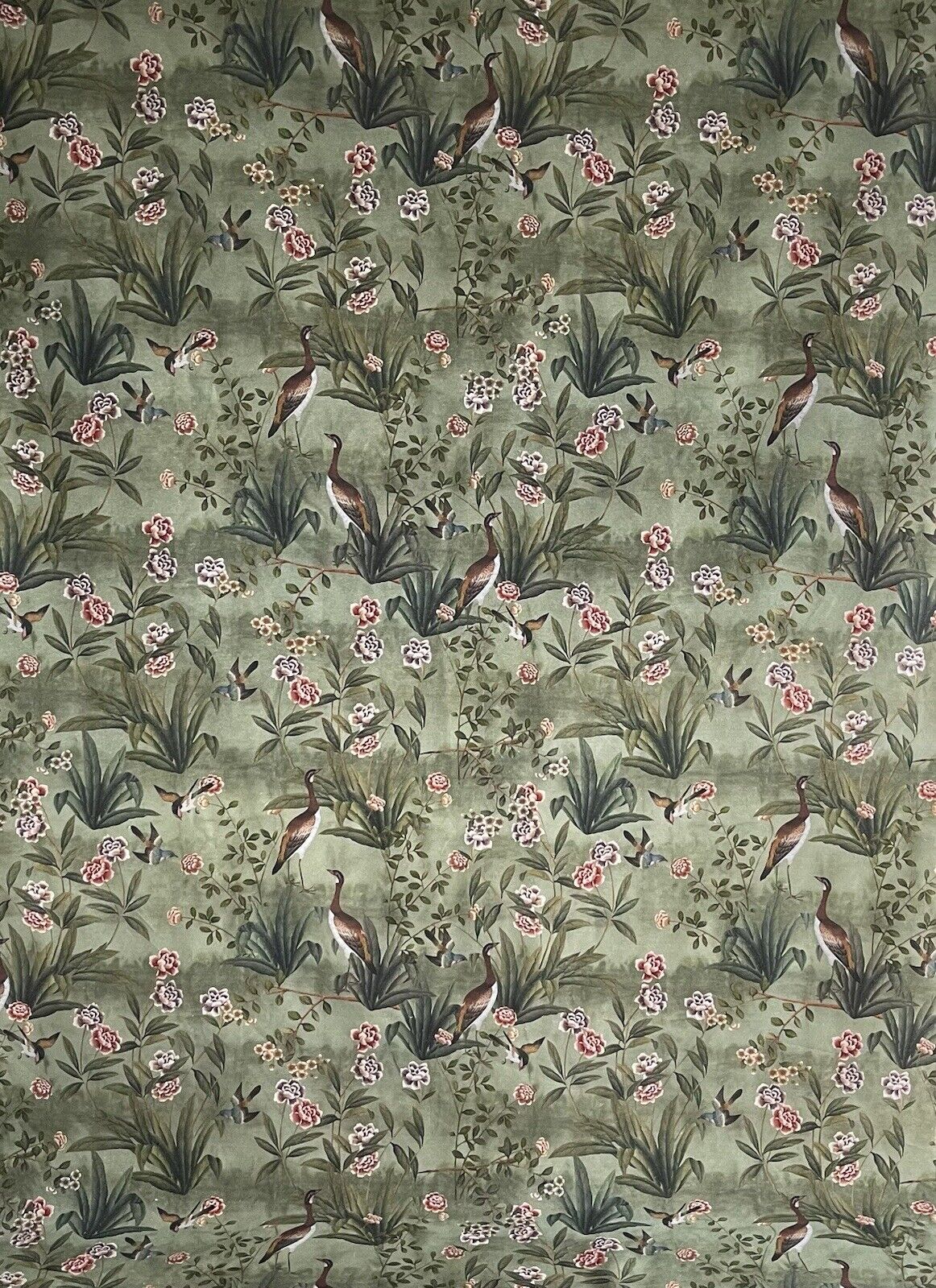 Goose Bird Garden Botanical Vintage Style Printed Green Cotton Fabric by Meter