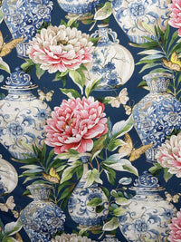 Thumbnail for Blue Jardin Floral Cotton Fabric by Meter Oriental Asian Vase Sewing Material Blue Textile