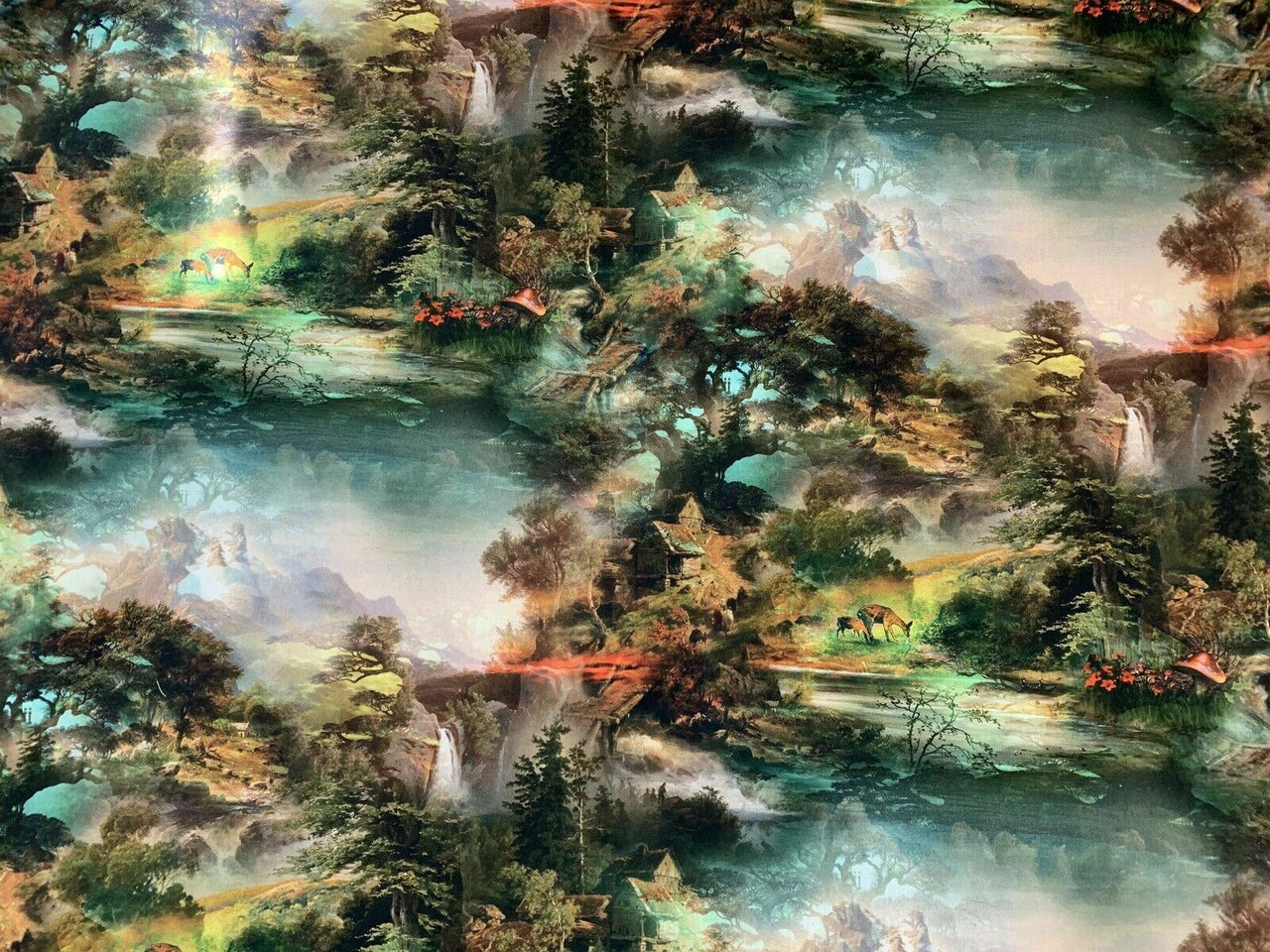 Forest Nature Cotton Fabric By Meter Deer Sewing Material Mountain Waterfall Green Vintage Art Style Textile