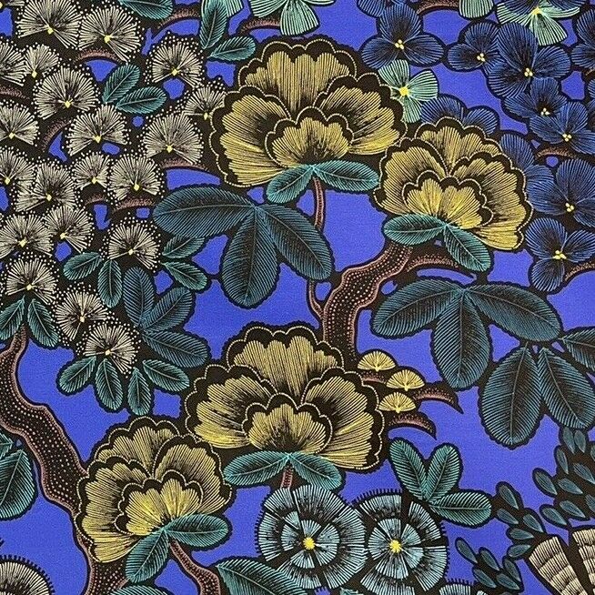 Nights in Kew Garden Cotton Fabric by Meter Botanica Plants Tree Royal Blue