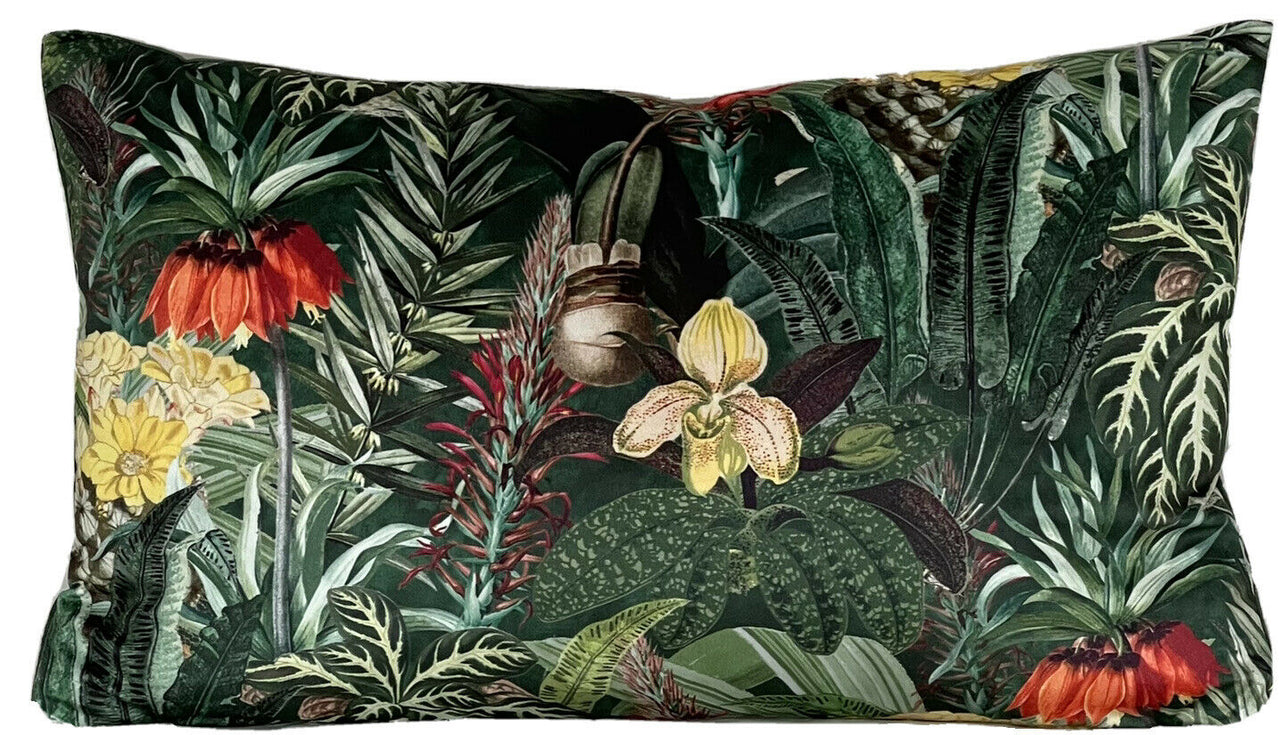 Green House Floral Velvet Cushion Cover Botanical Pillow Case Tropical Leaves Orchid Sofa Couch Decor