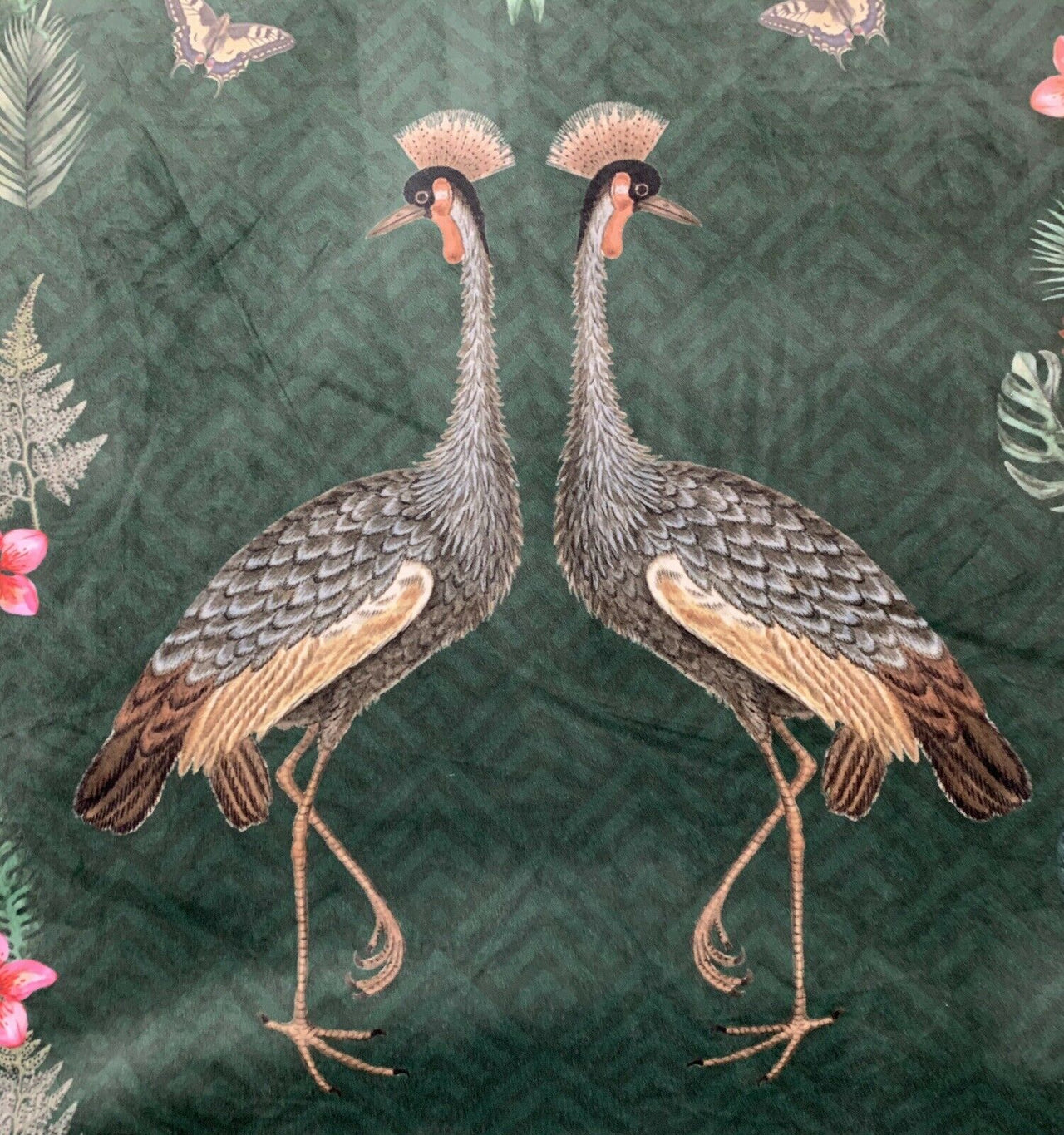 Upholstery Velvet Fabric By Meter Cranes Birds Floral Sewing Material Green Botanical Textile