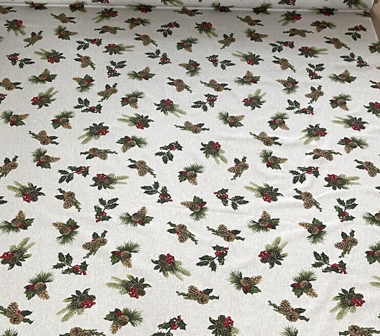 Pinecones Cotton Fabric - Festive Christmas Print, Red & Green Winter Holiday Material for Sewing & Crafts