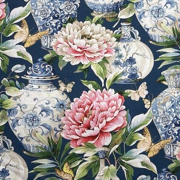 Blue Jardin Floral Cotton Fabric by Meter Oriental Asian Vase Sewing Material Blue Textile