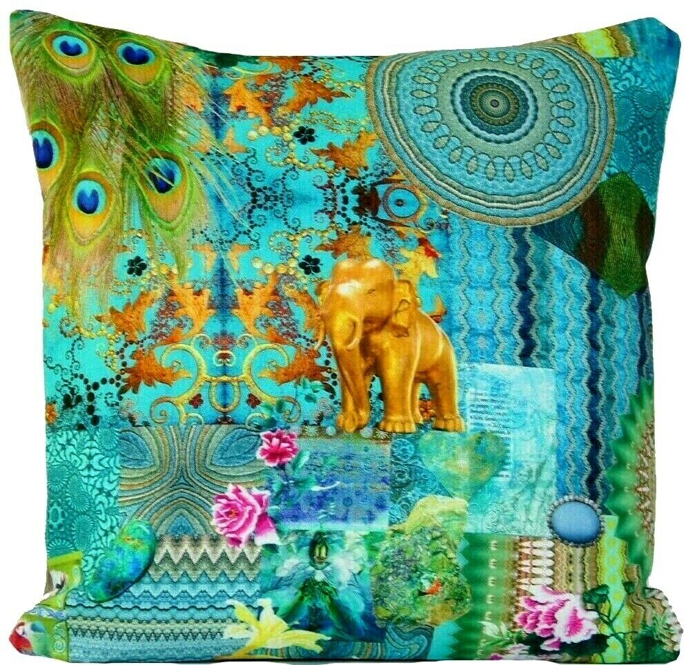 Indian Summer Cushion Cover Turquoise Gold Elephant Peacock Feather 16" 18" 20"