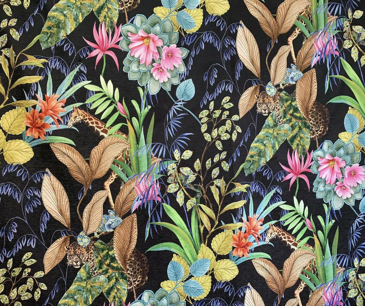 Tonga Jungle Black Fabric By The Meter Leopard Sewing Material Giraffe Botanic Floral Plants Animals pattern Textile