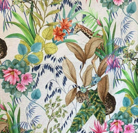 Thumbnail for Cream Tonga Jungle Leopard Giraffe Botanic Floral Plants Animals Fabric by Meter