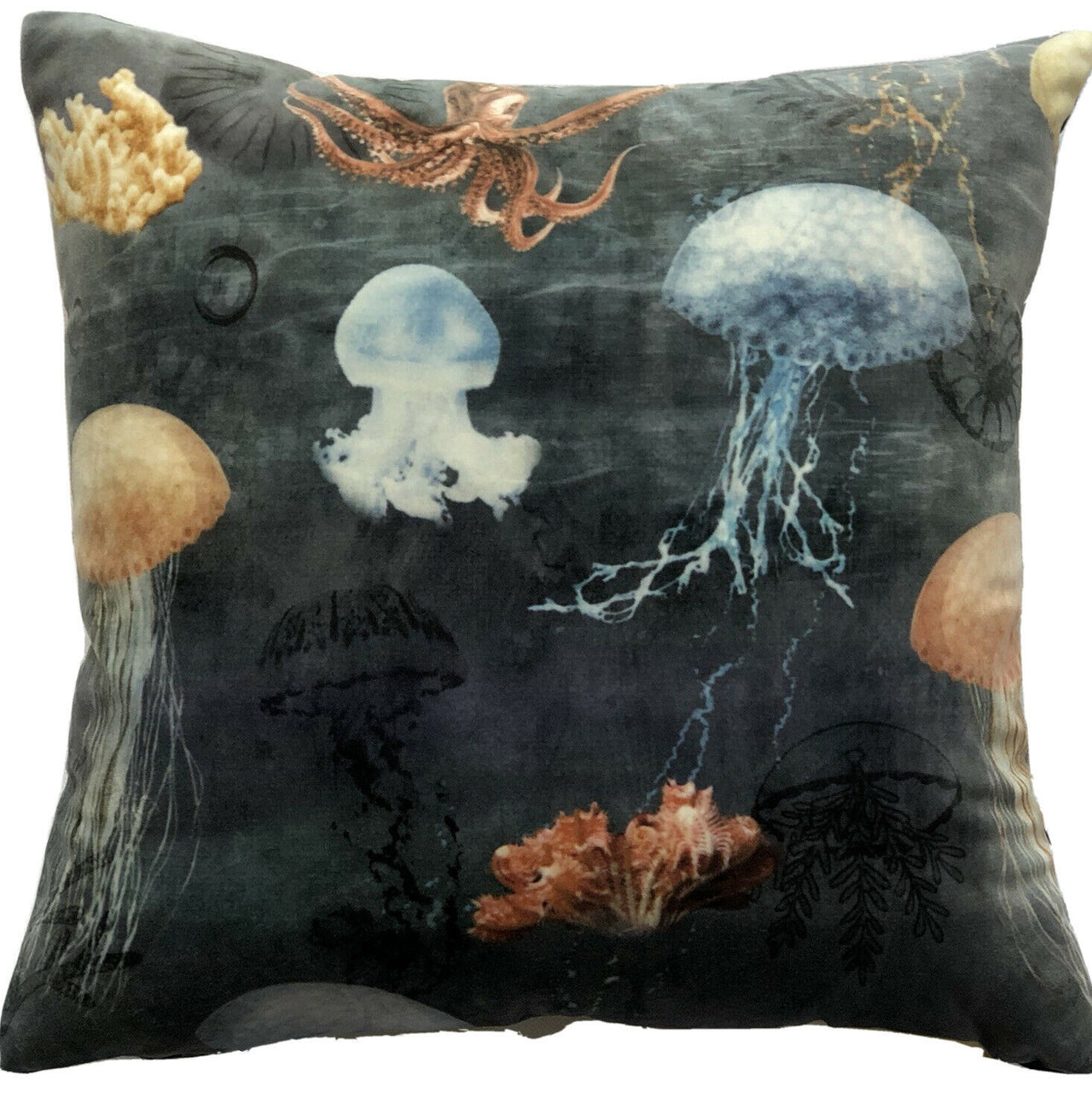 Jellyfish Deep Ocean Cushion Cover Grey Italian Velvet Nature Sea Life Octopus