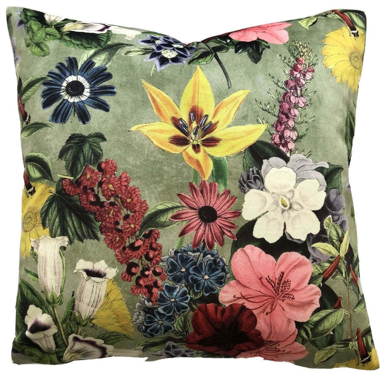 Spring Bloom Velvet Cushion Cover Green Pink Yellow Floral Botanical Gerbera