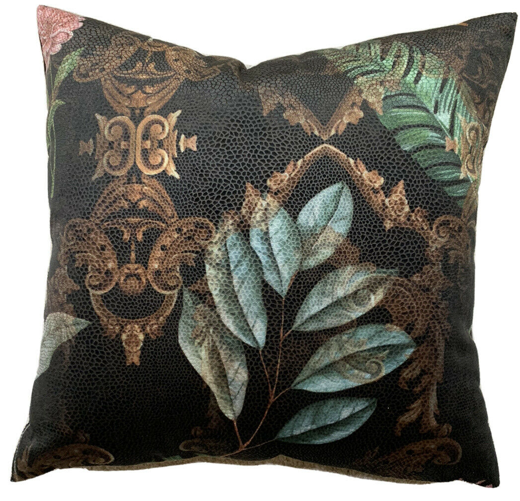 Baroque Floral Cushion Cover Brown Dark Velvet Pillow Case Embossed Leaf Print Sofa Decor