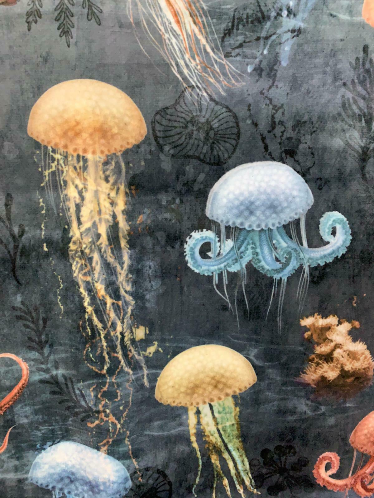 Jellyfish Squid Italian Velvet by Meter Blue Fabric By Yard Sea Life Sewing Material Octopus Starfish Nature Underwater