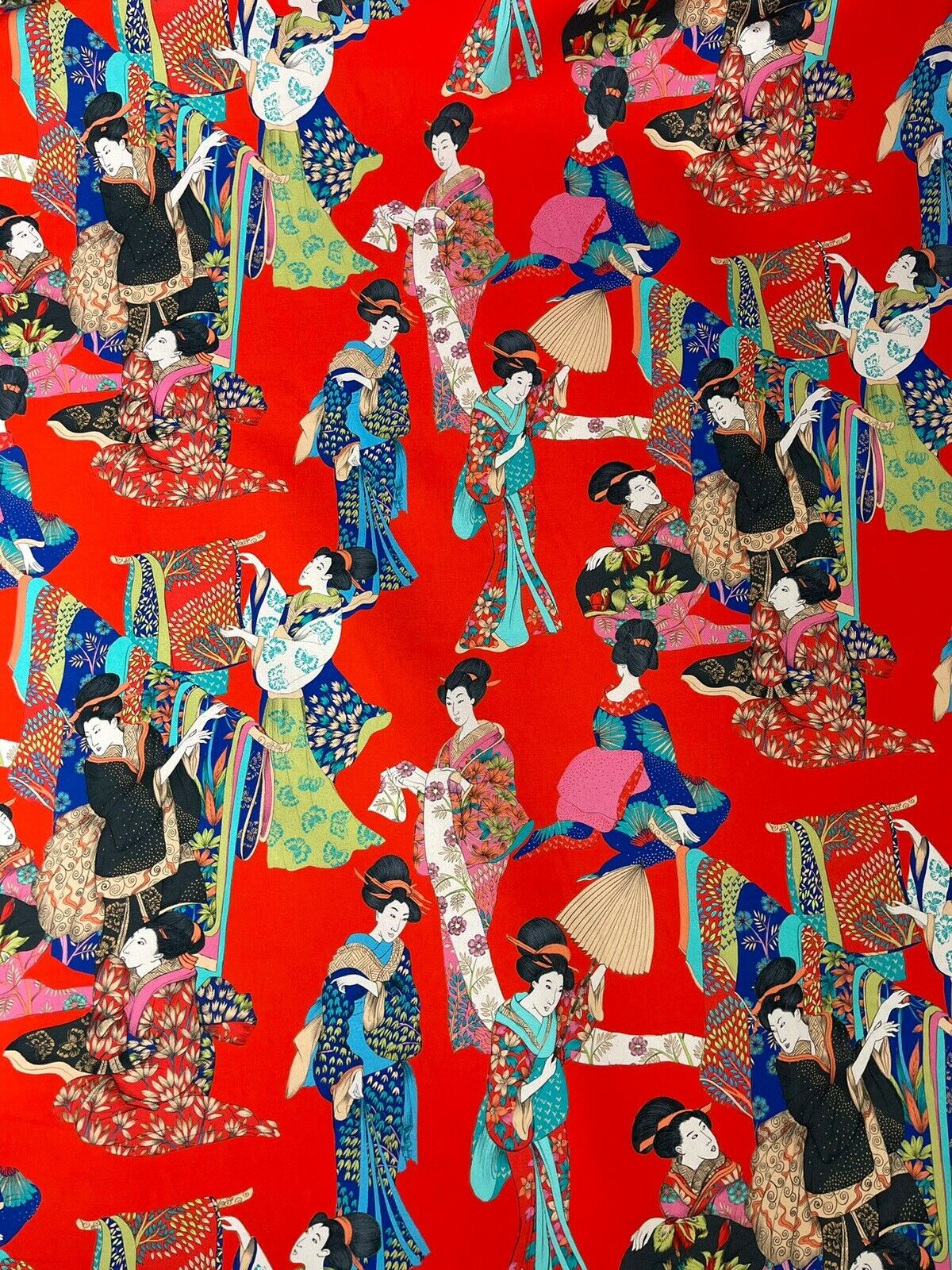 Red Geisha Printed Cotton Fabric by Meter Japanese Lady Kimono Pink Blue Floral