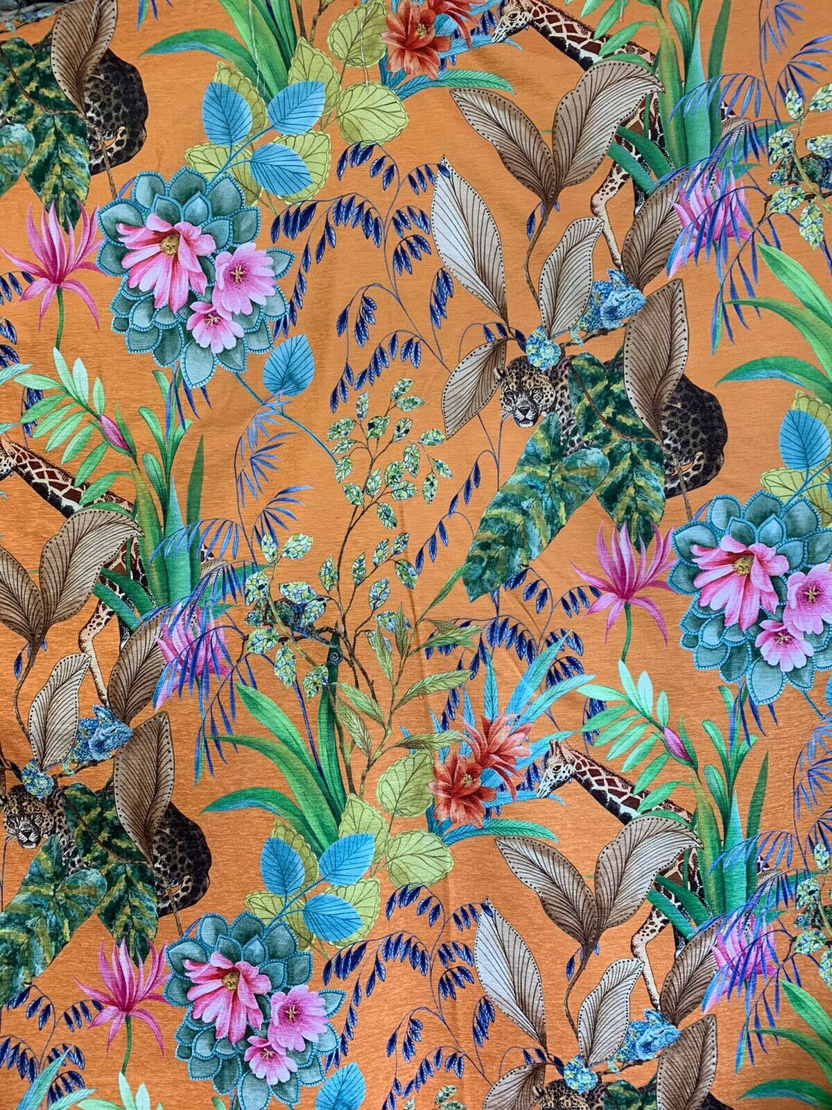 Orange Tonga Jungle Leopard Giraffe Botanic Flower Plants Animal Fabric by Meter