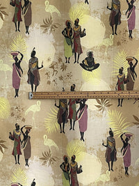 Thumbnail for African Ladies Print Tribal Cotton Fabric Panel 140x100 Baobab Fruit Tree Leaves Yellow