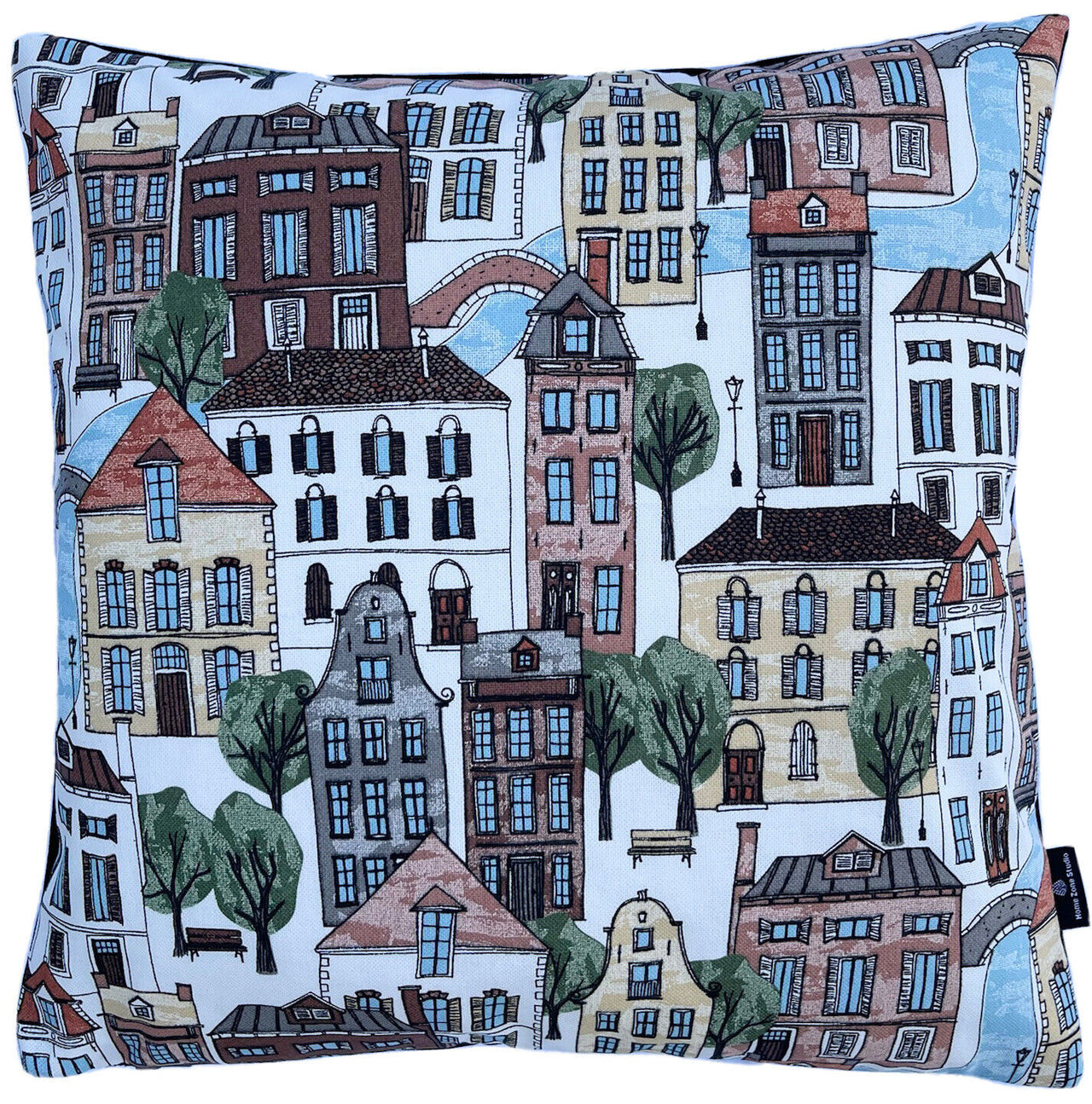 Village Houses Cushion Cover Town Streets Lamppost River Downtown White City