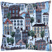 Thumbnail for Village Houses Cushion Cover Town Streets Lamppost River Downtown White City