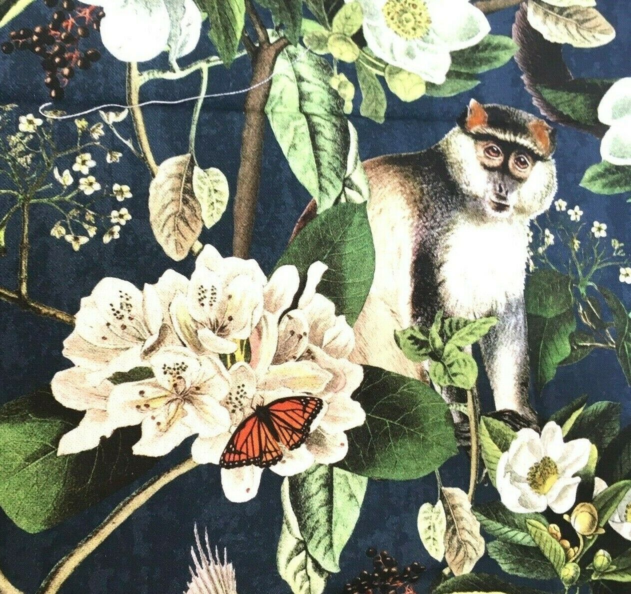Tropical Jungle Fabric Print Cotton Blue Birds Monkeys Butterfly Lemur by Meter