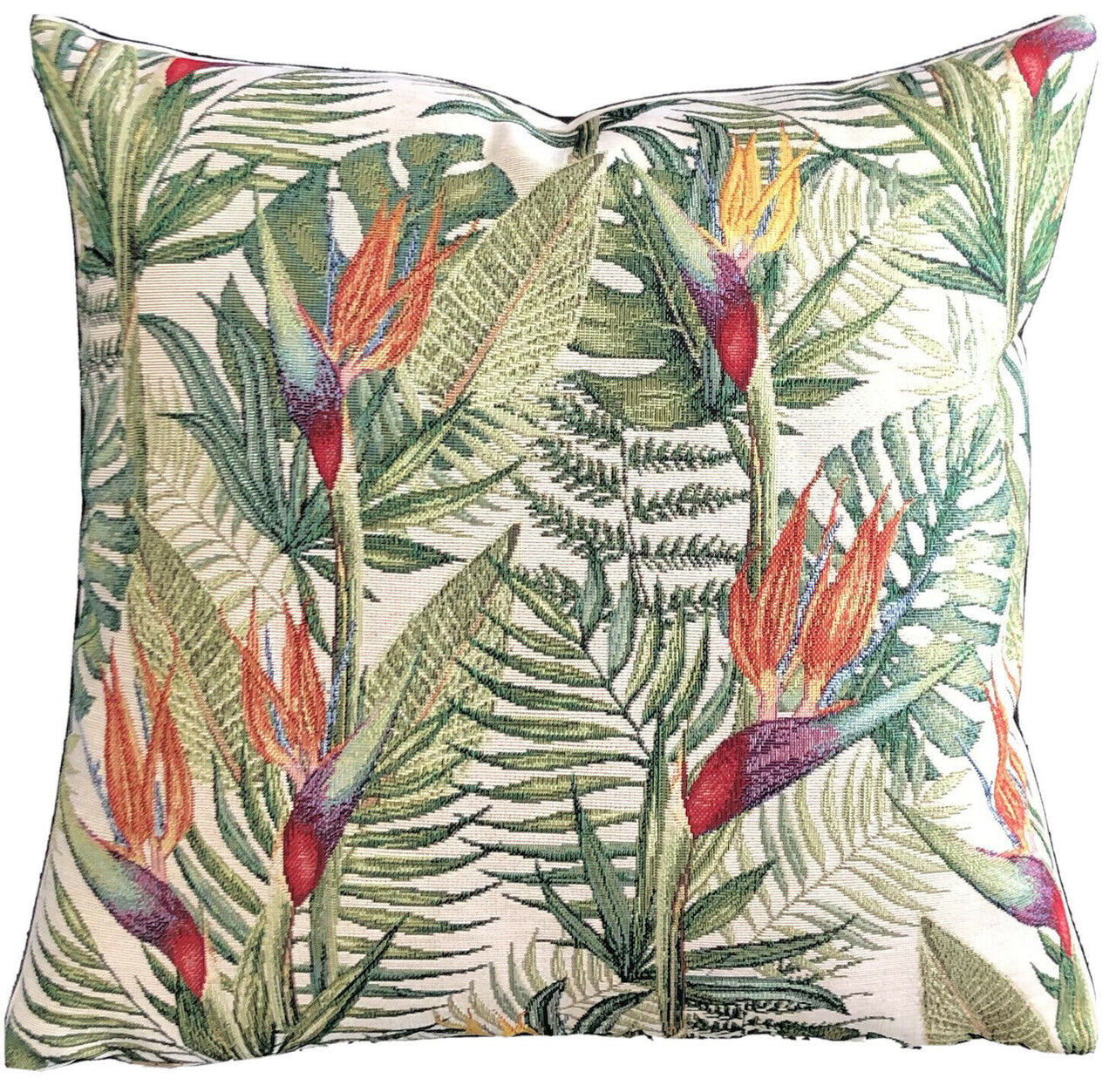 Birds Of Paradise Beige Woven Cushion Cover Tropical Orange Flower Green Plants