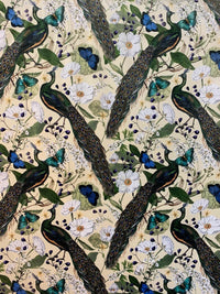 Thumbnail for Peacock Light Yellow Velvet Butterflies Birds Pattern Sewing Material Botanical Textile Floral Italian