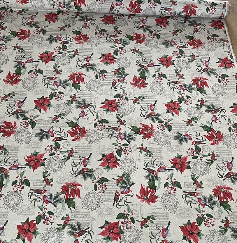 Poinsettia Christmas Cotton Fabric Red and Green Floral Design with Birds Xmas Print Cushions Tablecloths Crafts