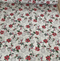 Thumbnail for Poinsettia Christmas Cotton Fabric Red and Green Floral Design with Birds Xmas Print Cushions Tablecloths Crafts