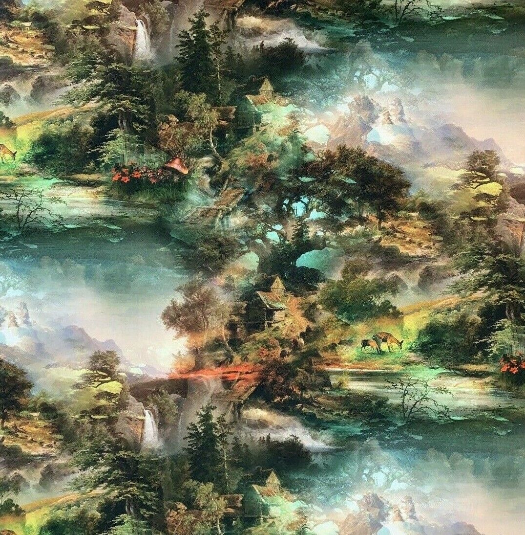 Forest Nature Cotton Fabric By Meter Deer Sewing Material Mountain Waterfall Green Vintage Art Style Textile