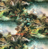 Thumbnail for Forest Nature Cotton Fabric By Meter Deer Sewing Material Mountain Waterfall Green Vintage Art Style Textile