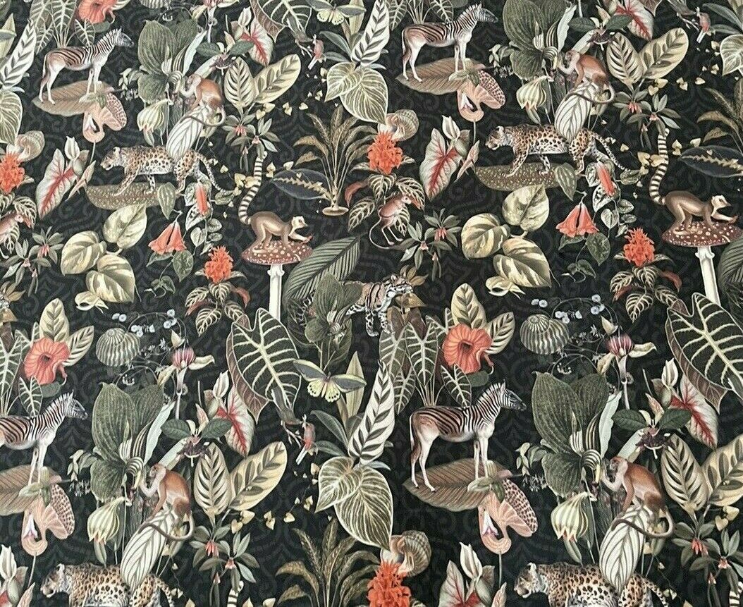 Jungle Kingdom Animals Fabric - Black Velvet Sold by Meter