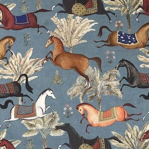 Arabian Horses Blue Cotton Fabric - By Meter