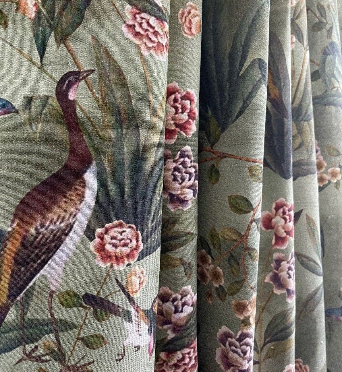 Goose Bird Garden Botanical Vintage Style Printed Green Cotton Fabric by Meter