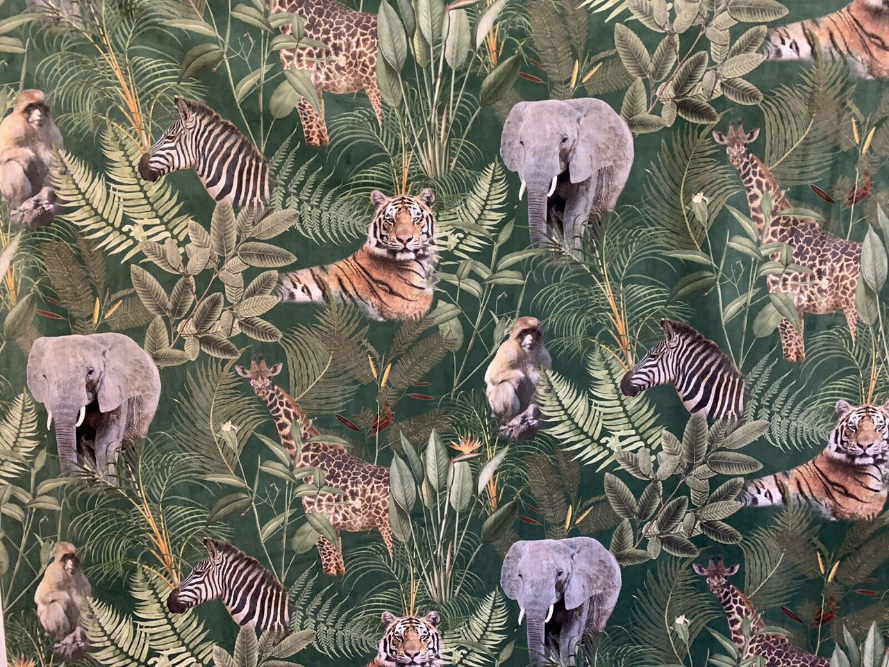 Safari Italian Velvet Printed Tigar Elephante Girafe Monkey Fabric by Meter