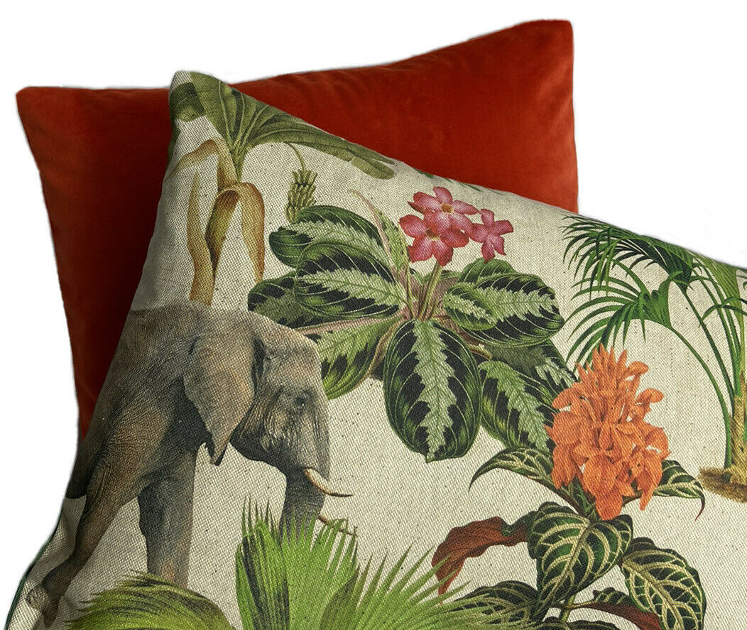 Zambezi Cushion Cover Grey Animal Print Safari Elephant Lion Zebra Floral Green