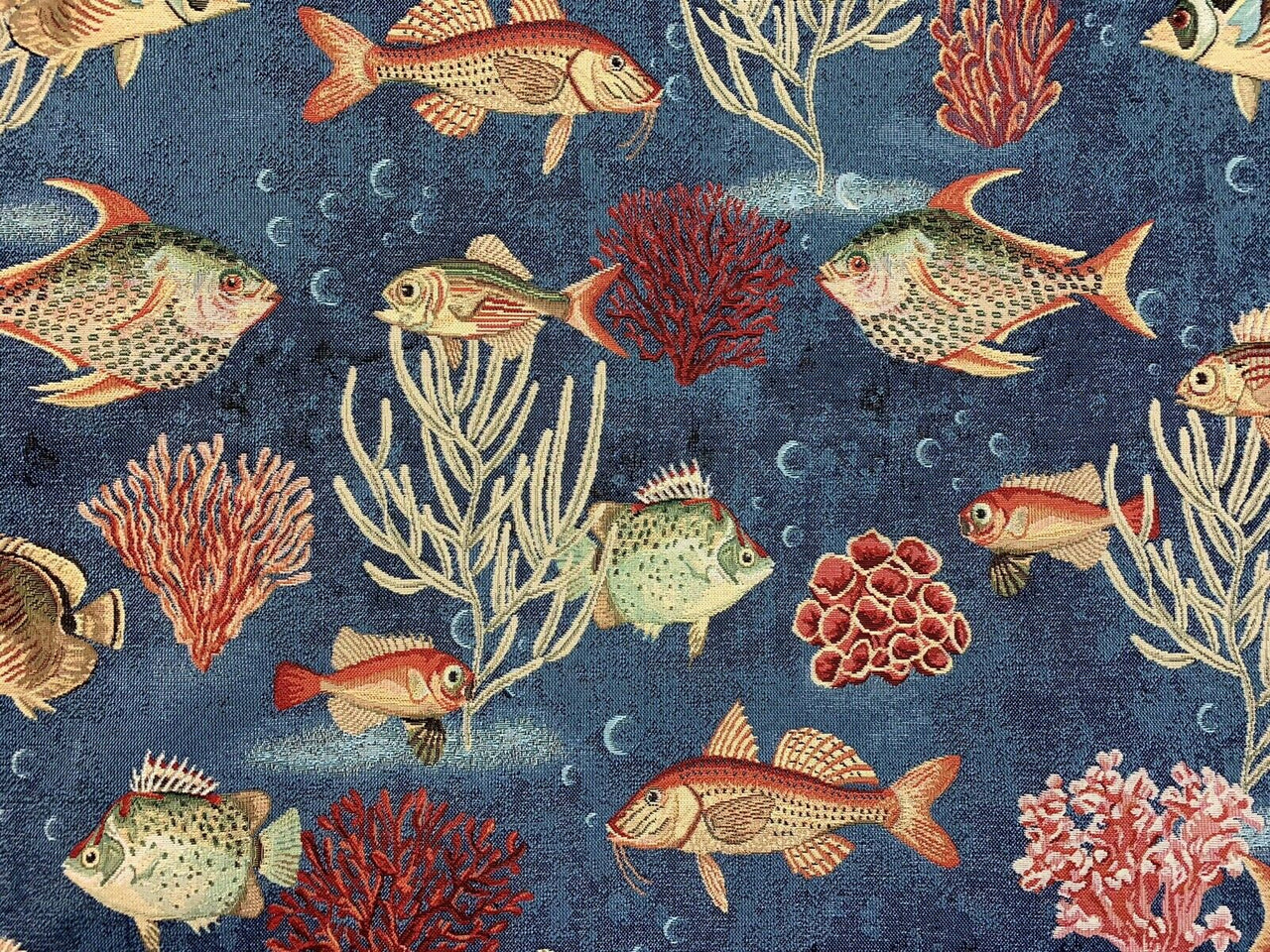 Fishes And Corals Costal Upholstery Fabric Sold by Meter Blue Nautical Tapestry Textile