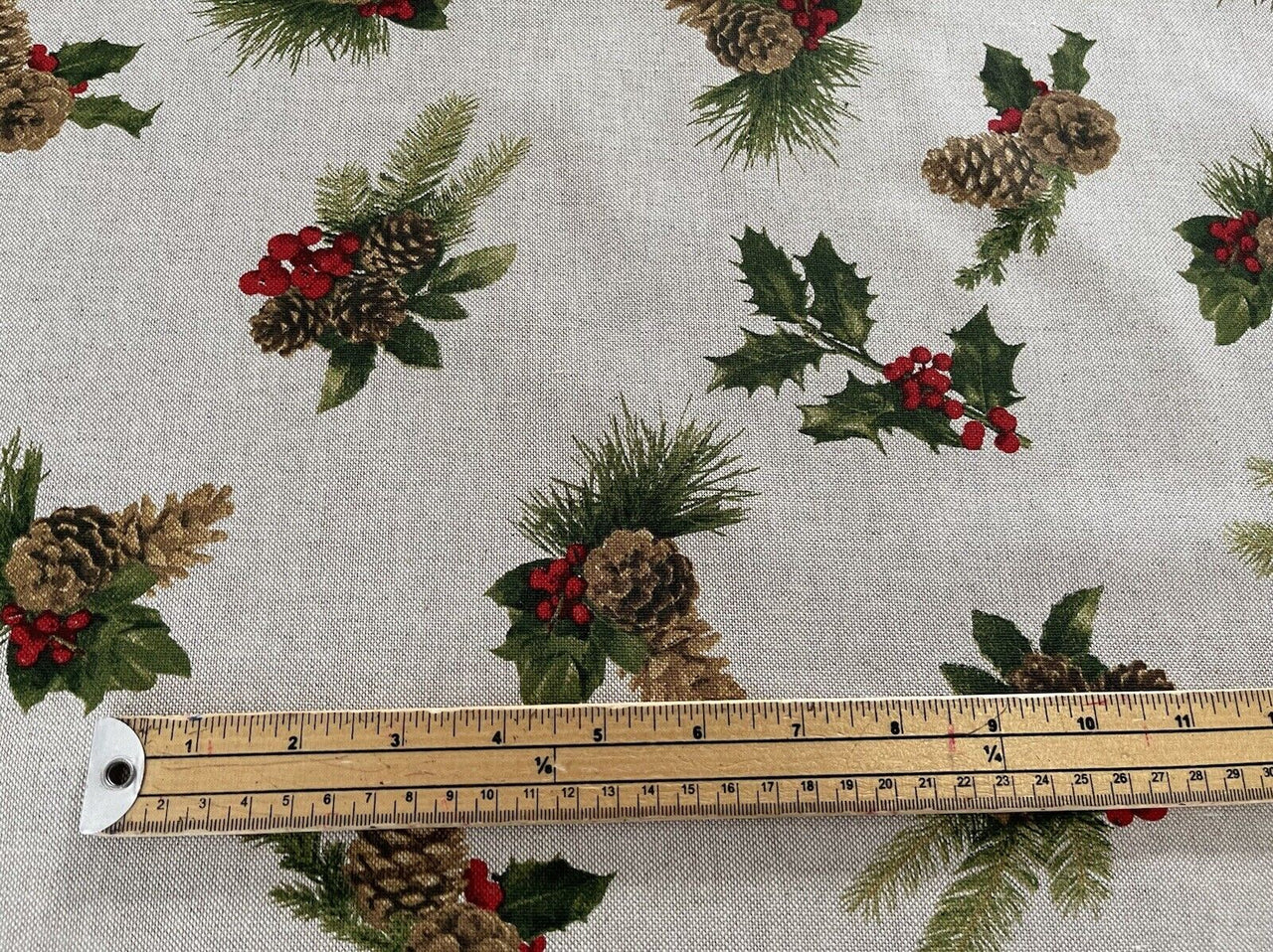 Pinecones Cotton Fabric - Festive Christmas Print, Red & Green Winter Holiday Material for Sewing & Crafts