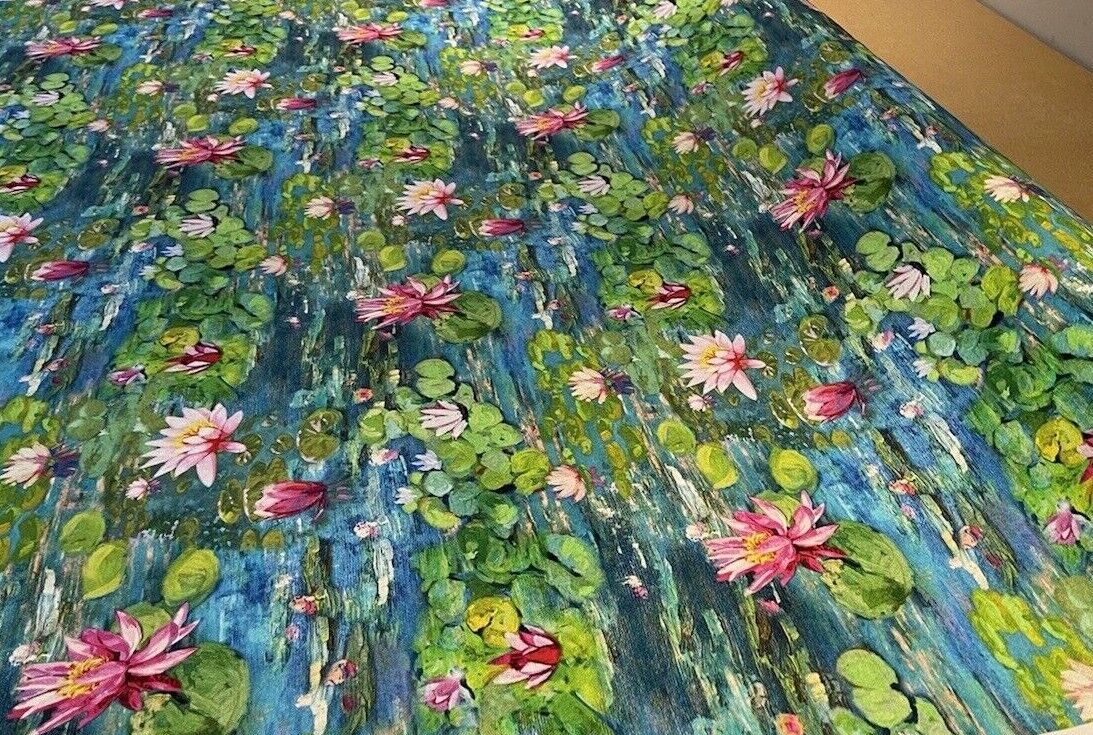 Lotus Floral Cotton Fabric by Meter Water Lily Sewing Material Blue Artistic Painting Impressionist Monet Style Textile