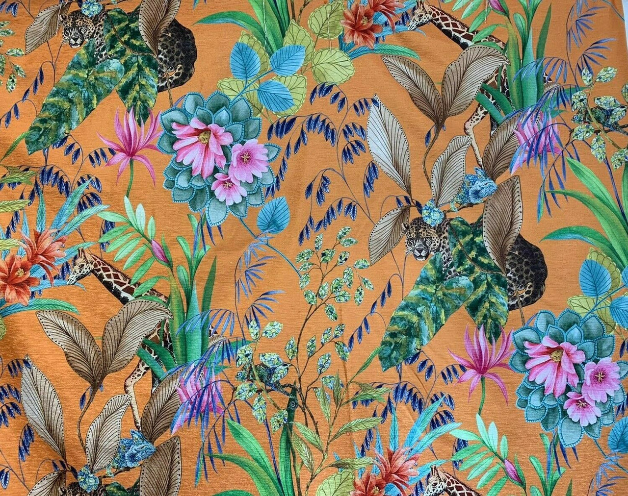 Orange Tonga Jungle Leopard Giraffe Botanic Flower Plants Animal Fabric by Meter