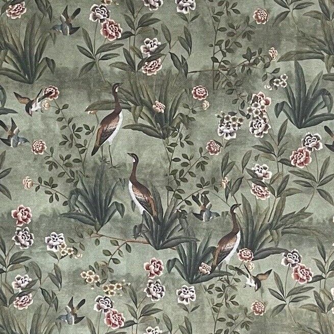 Goose Bird Garden Botanical Vintage Style Printed Green Cotton Fabric by Meter