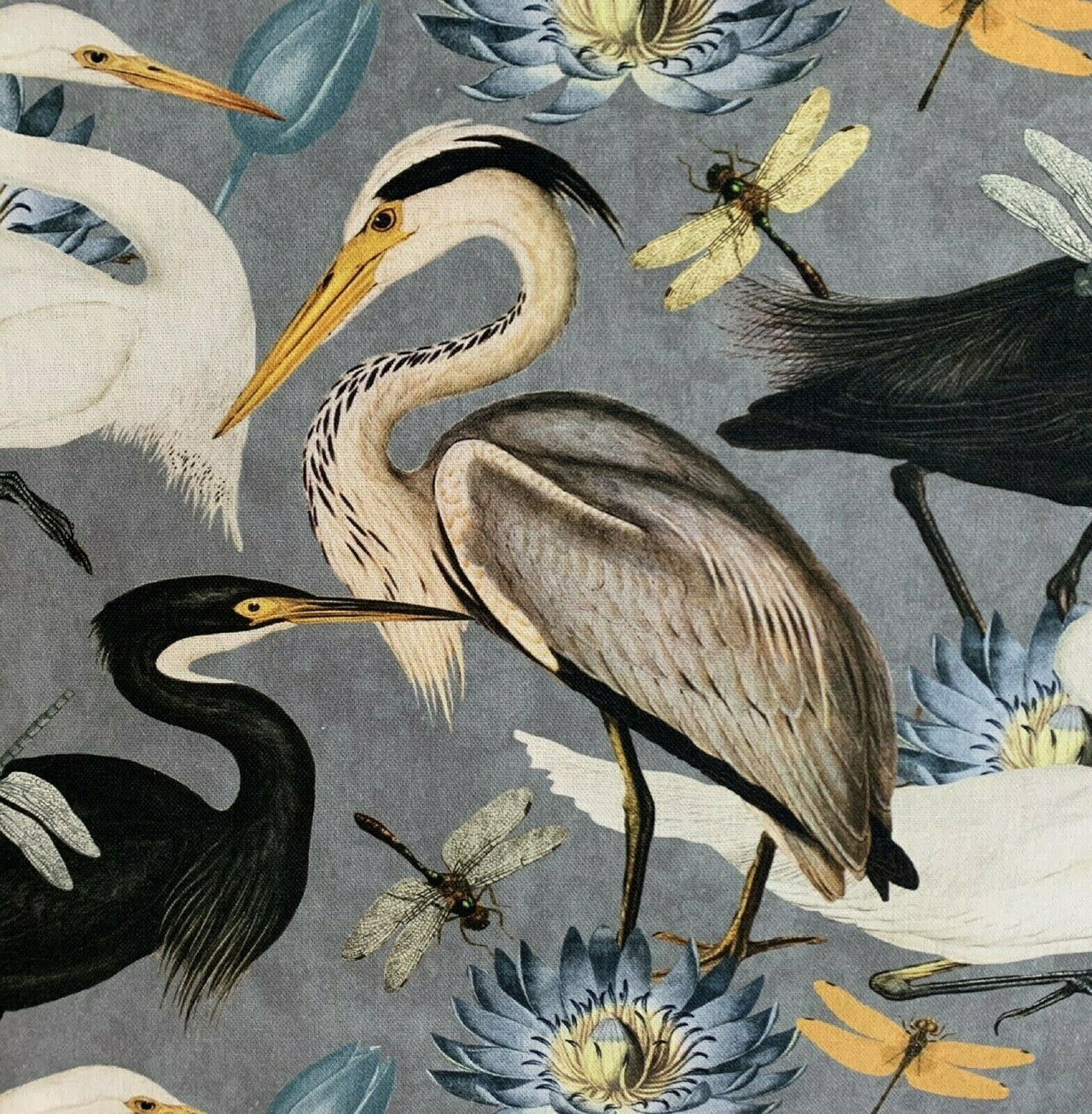 Herons Birds fabric By Meter Grey Cotton Sewing Material Romantic Lotus Floral Pattern Tulips Grey Blue Yellow Textile
