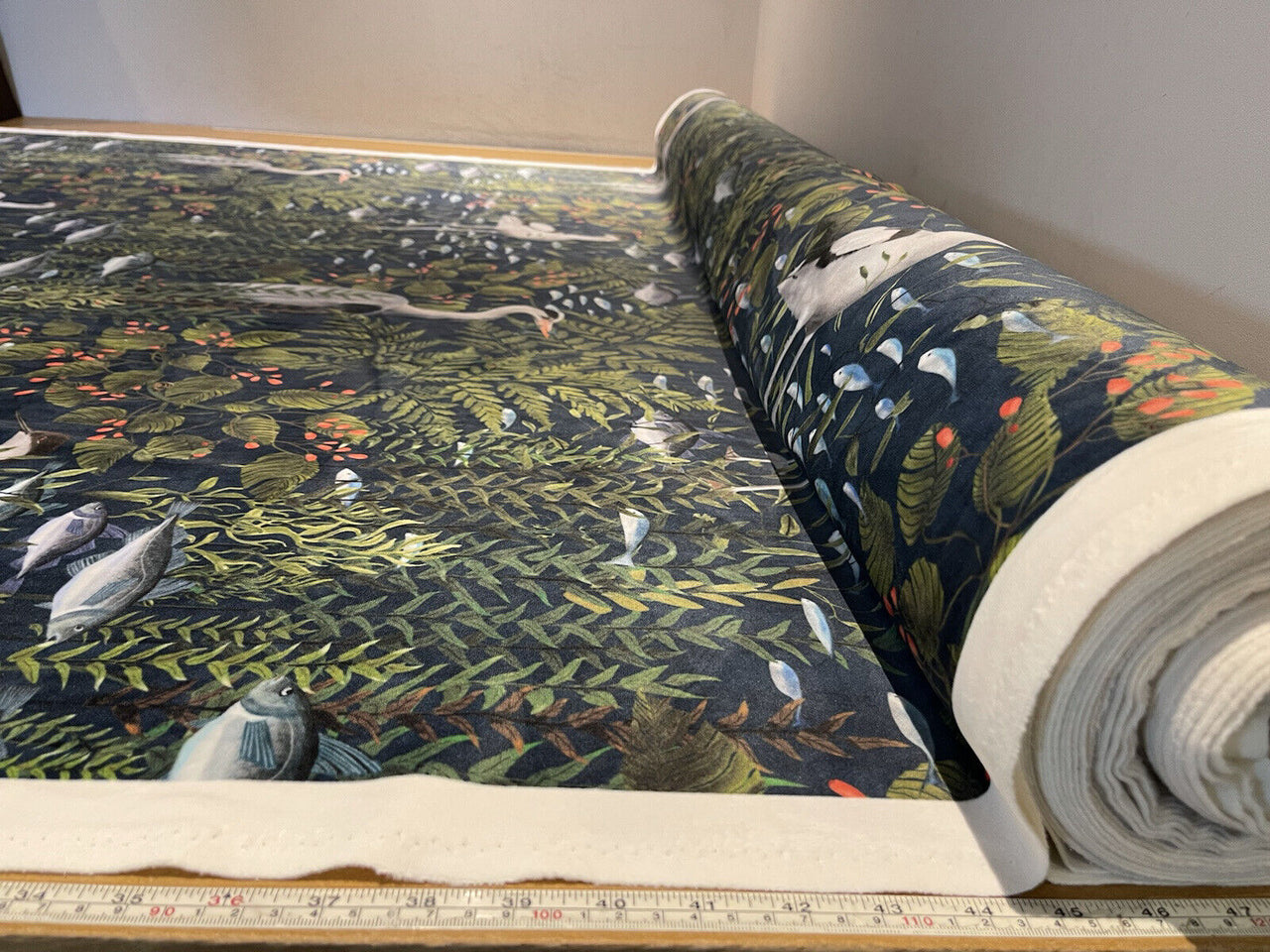 Herons Velvet Fabric by Meter Dark Sewing Material Grey Fish Frog Bird Pattern Textile Water Nature Green Plants