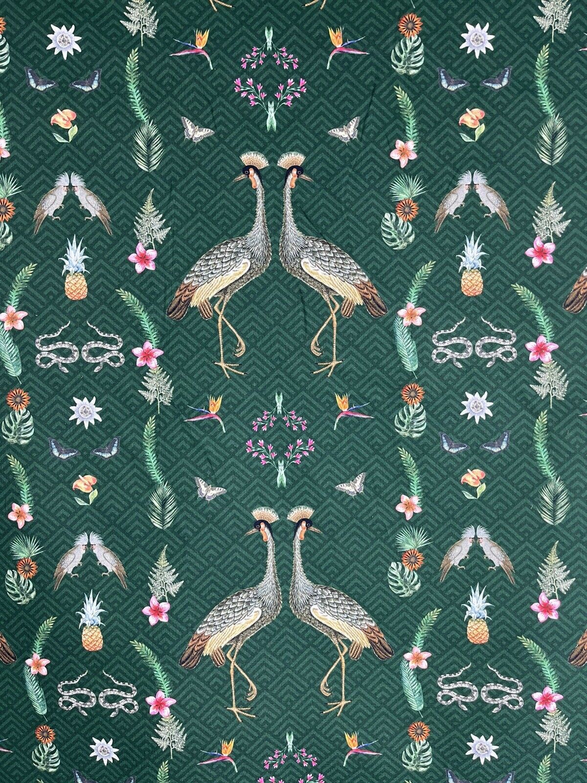 Crowned Crane Birds printed cotton fabric by the meter Animals Green Sewing Material Snakes Pineapple Tropical Textile for pillows curtains arts crafts