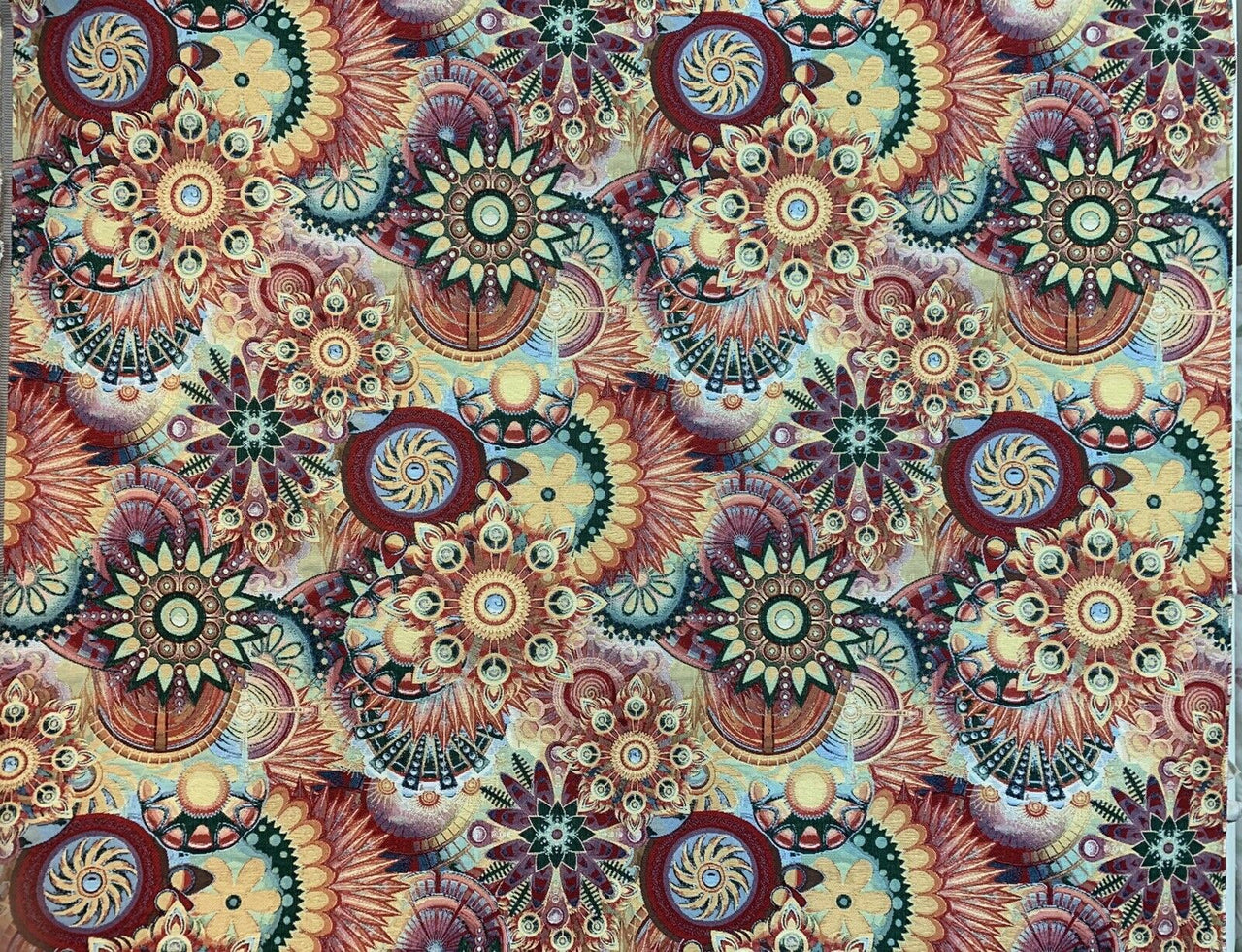 Mandala Gobelin Woven Fabric by Meter Upholstery Red Orange Yellow Artistic Pop