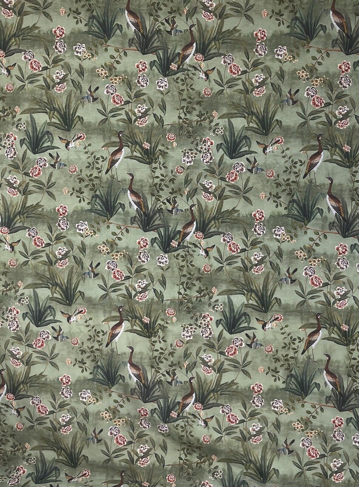 Goose Bird Garden Botanical Vintage Style Printed Green Cotton Fabric by Meter