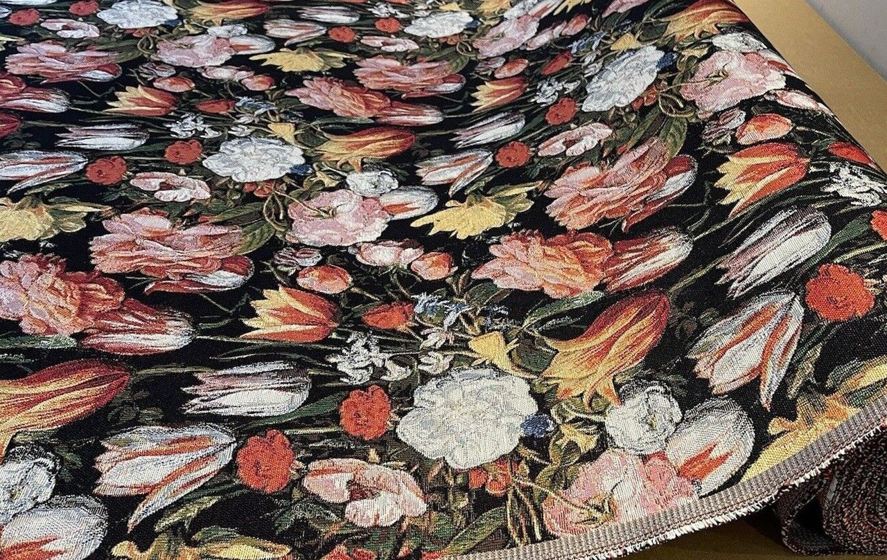 Tulips Upholstery Fabric By The Meter Red Roses Tapestry Floral Sewing Material Black Botanical Textile For Crafts