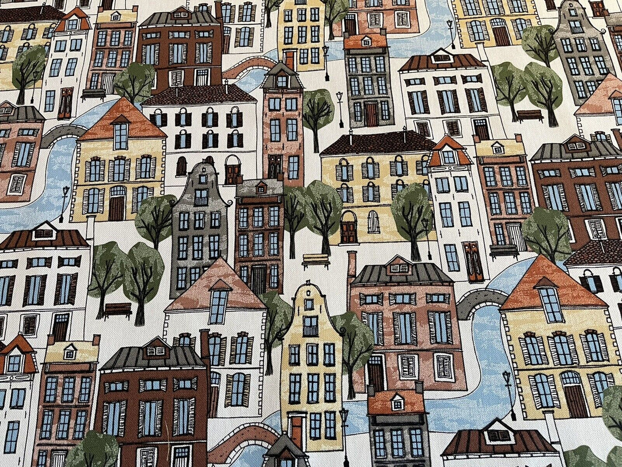 Little Village Cotton Fabric by Meter Town Houses Street River Lamppost Windows