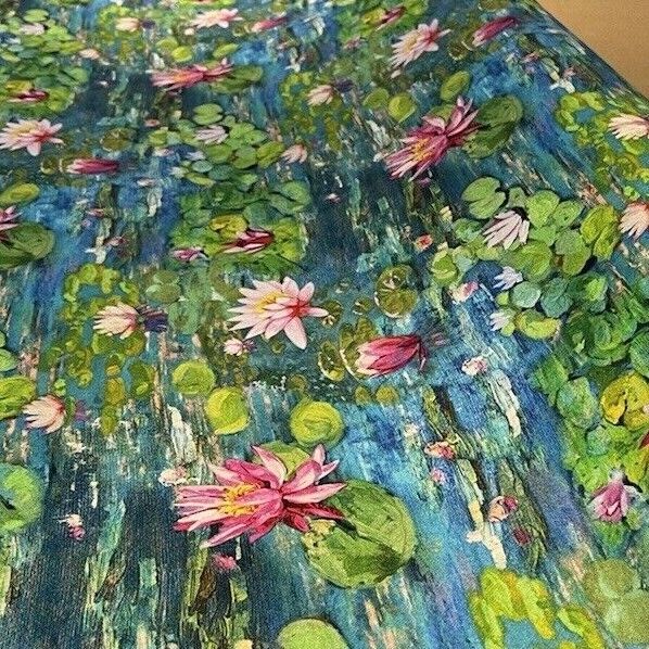 Lotus Floral Cotton Fabric by Meter Water Lily Sewing Material Blue Artistic Painting Impressionist Monet Style Textile