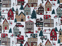 Thumbnail for Winter Village Cotton Printed Fabric by Meter Red House Xmas Snow Kids Playing
