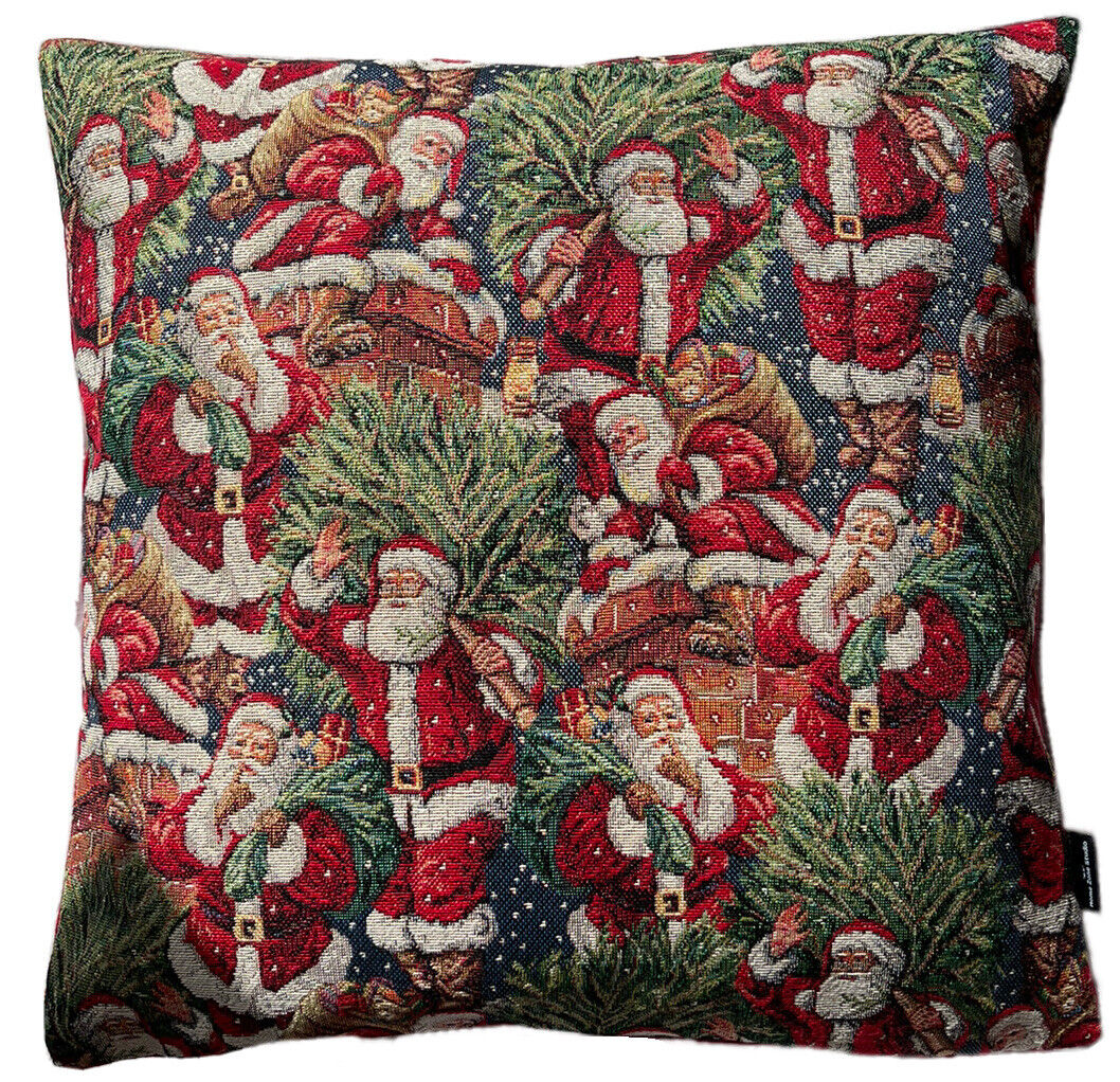 Festive Santa and Christmas Tree Cushion Cover  Red and Green Woven Tapestry for Xmas Holiday Home Decor