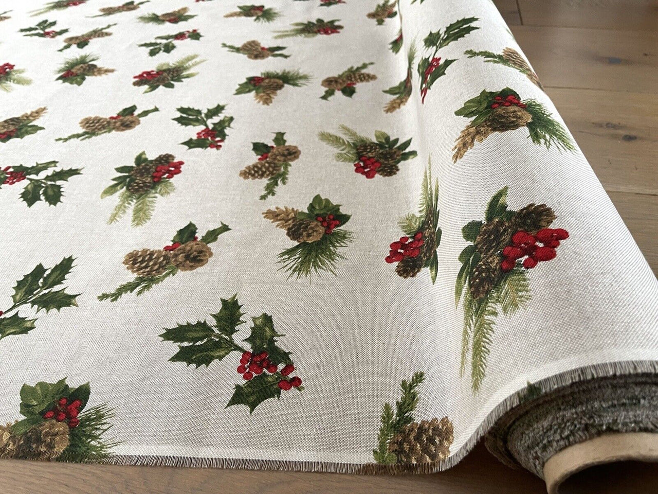 Pinecones Cotton Fabric - Festive Christmas Print, Red & Green Winter Holiday Material for Sewing & Crafts